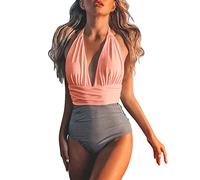 Neckholder Badeanzug Damen Bauchweg ,Einfarbig Einteilige Bademode Damen Tiefer V-Ausschnitt,Lace Up Monokini Damen Bauchkontrolle Rückenfreies Sexy Bikini Set Push Up One Piece Swimsuit Strandmode