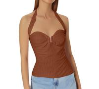 Neckholder BH, Neckholder Top Damen Sexy V Ausschnitt Party Tanktop Shirt Y2k Basic Oberteil Outfit Mädchen Teenager Trägertop Sport Sommer, Kaffee, S