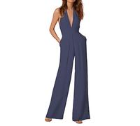 Neckholder Jumpsuit Damen Sommer Elegant Hosenanzug Festlich Hochzeit Sommerjumpsuits Damen Ärmellos Tiefer V-Ausschnitt Playsuit Einfarbig Weites Bein Overall Hose Damen Lang Lose (Dark Blue, L)
