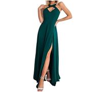Neckholder Kleid Damen Elegantes Einfarbiges Langes Maxikleid Sexy Aushöhlen Abendkleid Karnevalskleid Partykleid Ballkleid mit Hohem Schlitz Swing Kleid mit Hoher Taille Ärmelloses Cocktailkleid