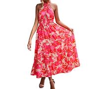 Neckholder Kleid Damen,Volant Kleid Damen Maxikleid Elegant Cut Out Partykleid Boho Blumenkleid Sexy Rückenfrei Kleider Blumen Swing Cocktailkleid Wickelkleid Abendkleider für Hochzeit