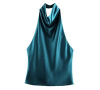 Neckholder Top Damen Elegant, Tank Top Damen Sexy, Ärmellose Satinbluse Basic Satin Tanktop Einfarbig Blusentops Läsige Seidentop Locker Seidenbluse Bequeme Hemdlusen Wasserfall Ausschnitt Cami Vest