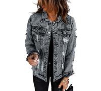 Necooer Jeansjacke Damen Elastische, Lang Geschnittene, Ausgefranste Jeansjacke Damen Denim
