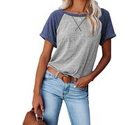 Necooer Womens Summer Short Sleeve Cotton T Shirts Basic Splicing Round Neck Tops