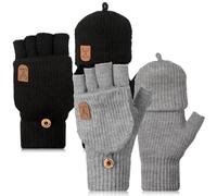 Neer 2 Paar Damen Fingerlos Handschuhe mit Kappe Strick Halbfinger Fäustlinge Warm Winterhandschuhe (Klassisch Schwarz und Grau)