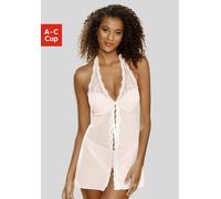 Negligé LASCANA, Damen, Gr. 75, Cup A, beige (puder), Spitze, Obermaterial: 77% Polyamid, 17% Polyester, 6% Elasthan, tiefer V-Ausschnitt, Kleider Negligé, mit Vorderverschluss, sexy Dessous, Reizwäsc