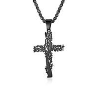 NEHZUS Lebensbaum-Kreuz-Halskette für Herren, Silber, Schwarz, Gold, Edelstahl, Kreuz-Anhänger, Halskette für Männer, 55 cm (Schwarz)