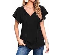 Neineiwu Bluse Damen Kurzarm T-Shirts V-Ausschnitt Blumen Falten Tunika Sommer Oberteile Locker Lässig Shirt Longbluse Damen lässig für Leggings Dame Pullover elegant rüschenbluse,Black,M