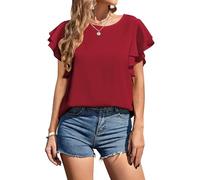 Neineiwu Bluse Damen Rundhals Oberteile doppelte Rüschenärmel Tunika Sommer Kausal Tops Damen Oberteile Dame Hemd Geschenke Festliche blusen Dame Esprit Tshirt Bluse elegant,Red,S