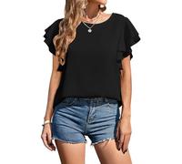 Neineiwu Damen Bluse Rundhals Oberteile doppelte Rüschenärmel Tunika Sommer Kausal Tops Damen Oberteile Damen Hemd Damen Geschenke Festliche blusen Damen Esprit Tshirt Damen Bluse elegant,Black,S