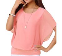 Neineiwu Oberteil Damen Elegant Batwing Bluse Kurzarm Tunika Blumen Rundkragen Sexy Rüschenbluse Party Outfit, Hell-Pink, L
