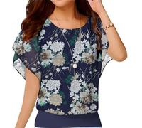 Neineiwu Oberteil Damen elegant Batwing Bluse Shirts Kurzarm Tunika Blumen Rundkragen Bluse rüschenbluse Festliche blusen Damen hemdbluse Oberteile Damen sexy,White Flower,L