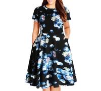 Nemidor Freizeitkleider in Übergröße für kurvige Frauen, Sommer, Kurze Ärmel, Passform und ausgestelltes Midi-Swing-Kleid mit Tasche, Blau (Blue Print), 52 Mehr