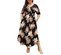 Nemidor Lässiges Maxikleid für Damen, Übergröße, Boho-Druck, ausgestellt, langes Kleid mit Tasche, Größe 42-54, Schwarz / Gelb, 46 Mehr