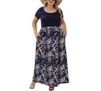 Nemidor Maxikleider in Übergröße für kurvige Frauen, lässiger Sommer, Kurze Ärmel, Chevron-Druck, langes Kleid mit Tasche, Größe 42-54, Marineblau, Rotblätter, 56 Mehr