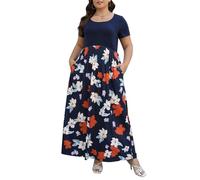 Nemidor Maxikleider in Übergröße für kurvige Frauen, lässiger Sommer, Kurze Ärmel, Chevron-Druck, langes Kleid mit Tasche, Größe 42-54, Marineblau/Orange, 56 Mehr