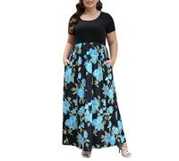 Nemidor Maxikleider in Übergröße für kurvige Frauen, lässiger Sommer, Kurze Ärmel, Chevron-Druck, langes Kleid mit Tasche, Größe 42-54, schwarz blau, 56 Mehr