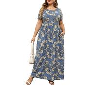 Nemidor Maxikleider in Übergröße für kurvige Frauen, Sommer, lässig, locker, kurzärmelig, lang, Strandkleid mit Tasche, Blau Apricot, 56 Mehr