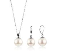 Nenalina Damen Schmuckset mit Perle (14 mm), Halskette mit Anhänger und Ohrhänger aus Muschelkernperlen, Damen Kette und Ohrring Set für Frauen, Brautschmuck, 925 Sterling Silber, Länge 45cm