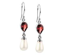 Nenalina Ohrringe Silber 925 Damen Ohrhänger mit Muschelkernperle 12 mm und Granat Tropfen in rot 9 mm