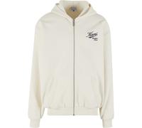 Neopren-Hoodie KARL KANI "Karl Kani Cursive Varsity Oversized Zip Hoodie", Herren, Gr. M, weiß (sanftes weiß), 65% Baumwolle, 35% Polyester, mehrfarbig, oversize, ohne Ausschnitt, Pullover (42709333-M