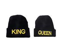 Nest Home King & Queen Stickerei Passende Paar Turn-Up Beanie Skull Caps für Männer und Frauen gestickte Strickmütze (Gold)