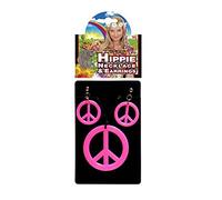 NET TOYS Peacezeichen Kette Halskette neon pink mit Ohrclips Peace Zeichen Hippie Schmuck Set