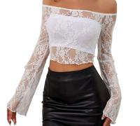 Netz Oberteil Damen Transparentes Mesh Top Boho Blumen Hippie 70er Jahre Blusen Rollkragen Glockenärmel Tunika Festival Tshirt Outfit Sexy Weiß Glitzer Durchsichtige Tops For Party Orange Pink Xxxl