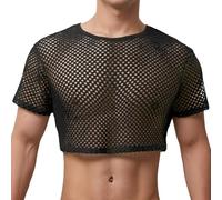 Netz Shirt Herren Durchsichtig Netzhemd Streetstyle Netzshirt Muskelshirt Clubwear Männer Oberteil Shirts Party Mesh Fishnet Spitze Sexy Unterwäsche Slim Rave Reizwäsche Schwarz M