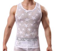 Netz Tshirt Herren Atmungsaktiv Netzhemd Durchsichtig T-Shirt Fishnet Party Slim Hemd Disco Netzstruktur Tops Unterhemd Clubwear Streetstyle Mesh Sexy Transparent Weiß L