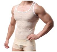 Netz Tshirt Herren Muskel Shirt Spitze Unterwäsche Netzhemd Disco Mesh Hemd Durchsichtig Netzunterhemd Muskelshirt Party Atmungsaktiv Tops Sexy Männer Transparent Top Beige L