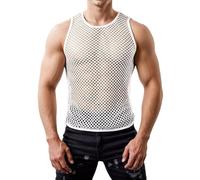 Netzhemd Herren Durchsichtig Netz Tshirt Streetstyle Mesh T-Shirt Netzshirt Rave Clubwear Oberteil Muskel Disco Reizwäsche Transparent Top Sexy Männer Hemd Netzunterhemd Weiß M