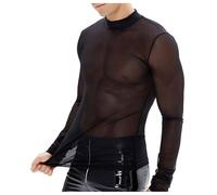 Netzhemd Herren Netzstruktur Netz Shirt Streetstyle Unterhemd Unterwäsche Slim Spitze Tops Shirts Mesh Männer Netzshirt Oberteil Durchsichtig Atmungsaktiv Party Netzunterhemd Schwarz S