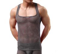 Netzhemd Herren Netzstruktur Netzshirt Mesh Unterwäsche Spitze Sexy Reizwäsche Fishnet Musikfestival Rave Unterhemd Oberteil Slim Disco T-Shirt Durchsichtig Streetstyle Grau L