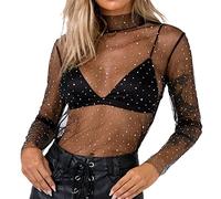 Netzoberteil Damen Mesh Top Glitzer Oberteil Netz Transparentes Shirt Frauen Durchsichtige Netzshirt Sheer Glitter Bluse Sexy Tüll Langarmshirt Crop Top Tshirt Slim Tunika Clubwear