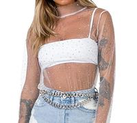 Netzoberteil Damen Mesh Top Glitzer Oberteil Netz Transparentes Shirt Frauen Durchsichtige Netzshirt Sheer Glitter Bluse Sexy Tüll Langarmshirt Crop Top Tshirt Slim Tunika Clubwear (01 Weiß, L)