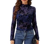 Netzoberteil Damen Sexy Tops Elegant Transparent Oberteil Spitze Sheer Mesh Bluse Durchsichtig Langarmshirt ModeTüll Blusen Stehkragen T-Shirt Blumen Lace Tunika(A36 Blue,L)