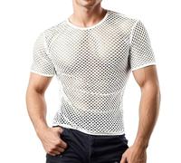 Netzshirt Herren Clubwear Netzhemd Slim Mesh T-Shirt Unterwäsche Sexy Party Tops Muskelshirt Musikfestival Durchsichtig Transparent Top Disco Rave Männer Netzstruktur Unterhemd Weiß L