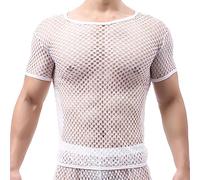 Netzshirt Herren Männer Netz Shirt Durchsichtig T-Shirt Mesh Netzstruktur Hemd Reizwäsche Rave Clubwear Netzhemd Unterwäsche Transparent Atmungsaktiv Slim Disco Muskelshirt Weiß M