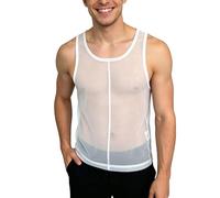 Netzshirt Herren Muskel Netzoberteil Spitze T-Shirt Netzhemd Disco Atmungsaktiv Tops Fishnet Musikfestival Transparent Reizwäsche Top Rave Männer Oberteil Netz Durchsichtig Weiß L