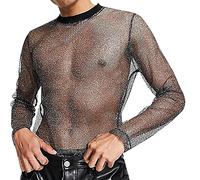 Netzshirt Herren Sexy Netz Shirt Mesh Netzhemd Muskelshirt Spitze Musikfestival Fishnet Transparent Top Durchsichtig Streetstyle Shirts Hemd Muskel Atmungsaktiv Netzunterhemd Schwarz L