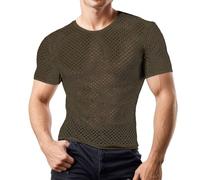 Netzshirt Herren Slim Netzhemd Netz Fishnet Transparent Top Durchsichtig Spitze Unterhemd Unterwäsche Disco Streetstyle Mesh T-Shirt Muskel Party Tops Sexy Clubwear Shirts Armeegrün S