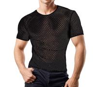 Netzshirt Herren Transparent Durchsichtig Netzhemd Muskel Spitze Mesh T-Shirt Reizwäsche Musikfestival Disco Shirts Netzunterhemd Atmungsaktiv Männer Unterhemd Rave Party Schwarz XL