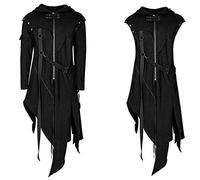 Neu 2 im 1 Steampunk Mantel Herren mit Abnehmbare Ärmel Gothic Weste Herren Ungleichmäßig Gothic Jacke mit Kapuze Mittelalter Kleidung mit Reißverschlüsse Mäntel für Halloween Kostüm Karneval
