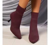 Neue Ankunft elastische Stiefel für Frauen, spitzer Zehenbereich gestrickte Overknee-Stiefel, High Heels, Wade-Länge, Große Größen, Weinrot, Modischer