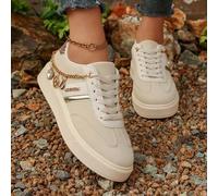 Neue Damen Lässig Sneaker mit Schnürung, Metall-Kette und Herz-Anhänger Dekor, modische Flache Schuhe, vielseitig für Alltag, Party, Valentinstag Outf