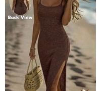Neue elegante gestrickte Spaghetti-Träger Sommerkleider für Frauen, schlank geschnittene Midi-Kleider mit leichter Brise, körperbetontes langes Kleid