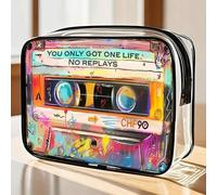 Neue Retro Kassetten-Tape Muster PVC Kosmetiktasche, Thema "Du lebst nur einmal, kannst es nicht wiederholen", Reißverschluss PVC Reise-Organizer Tasc