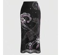 Neuer chinesischer Stil Retro Tiger Muster & Blumenmuster Mesh Meerjungfrau Saum Bleistiftrock