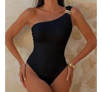 Neuer Damen Badeanzug, gestrickter Stoff, elegante Unifarbe, einzelne schräge Schulter, Metallzubehör, Taillenfältelung, hoher Beinausschnitt